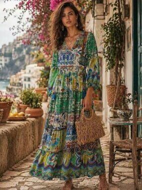 NWT JOHNNY WAS Dibble Armeria Print V-Neck Long Bell Sleeve Dress